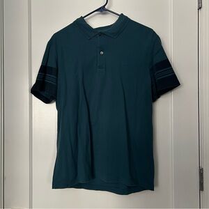 Lacoste Teal Polo Shirt with Striped Sleeves, Large